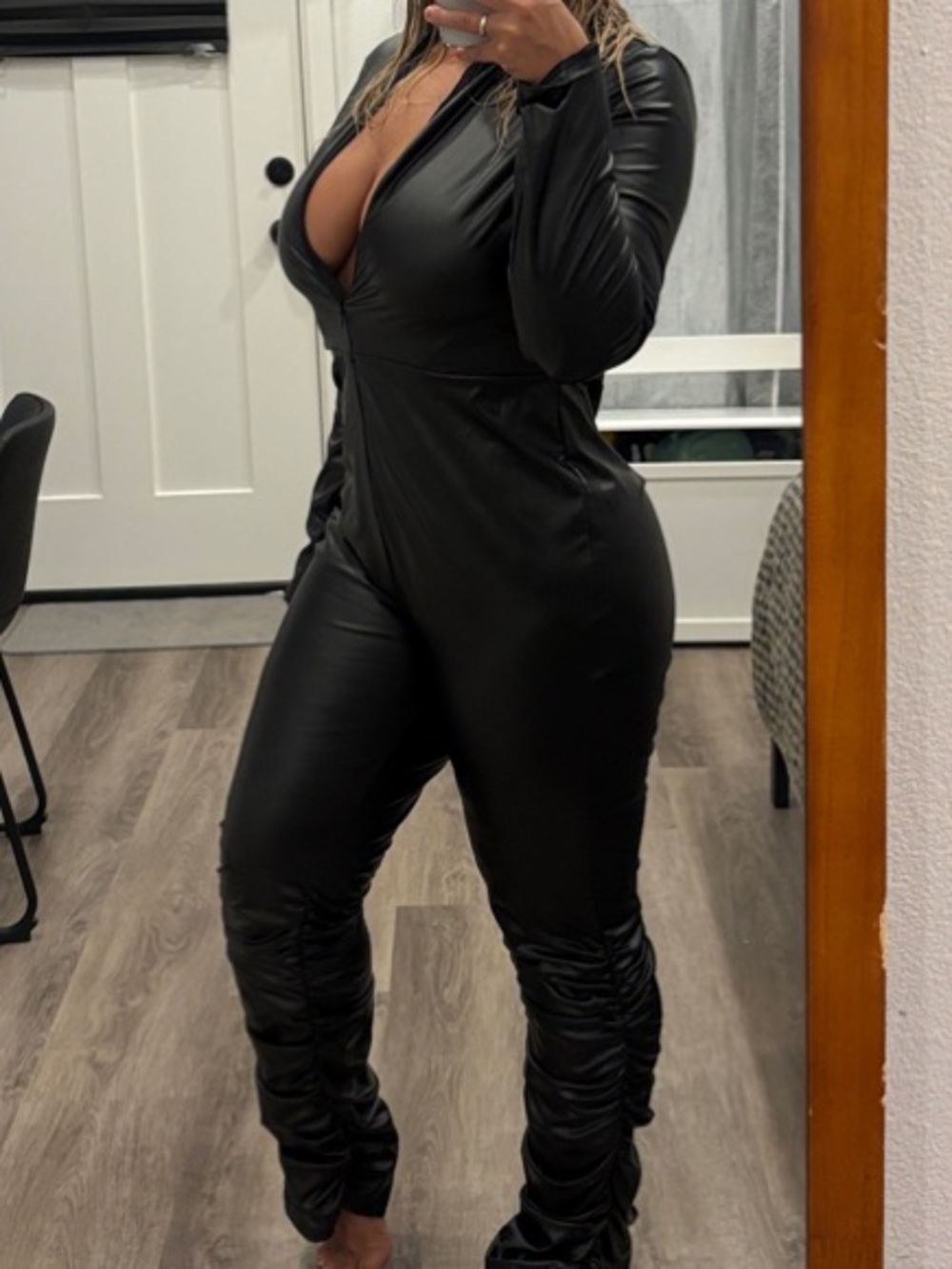 SHEIN Black Faux Leather Ruched Jumpsuit